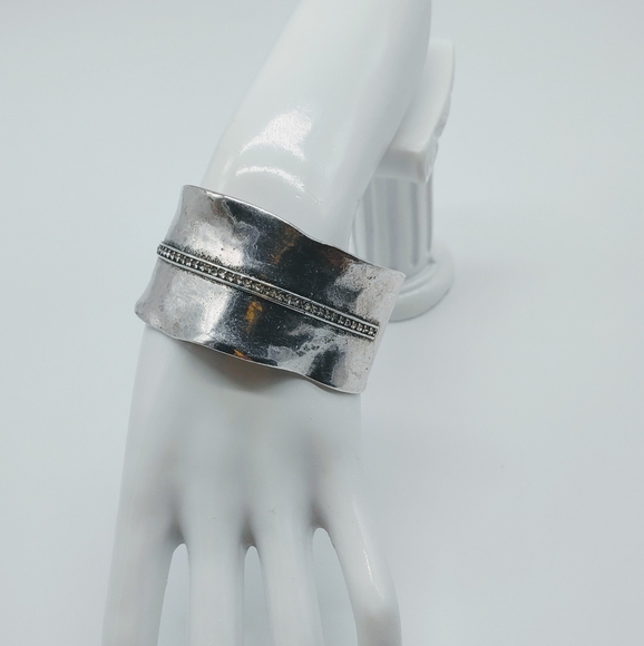 Silver Tone Wide Distressed Modernist Crystal Cuff Bracelet - Picture 3 of 12